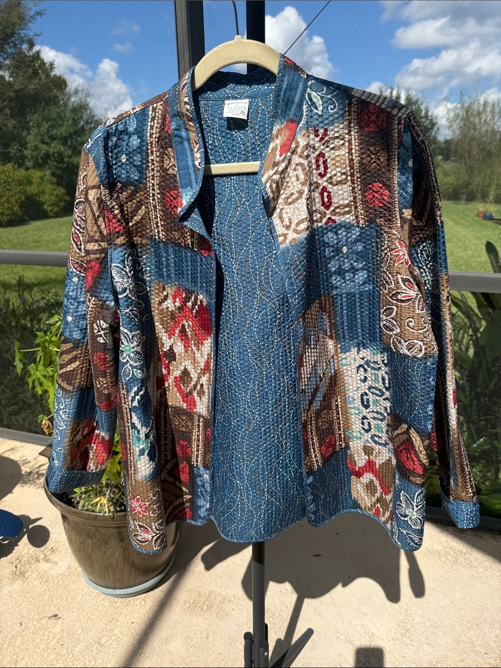 Alfred Dunner reversible quilted Blue, Brown & Red Patchwork Utility Jacket